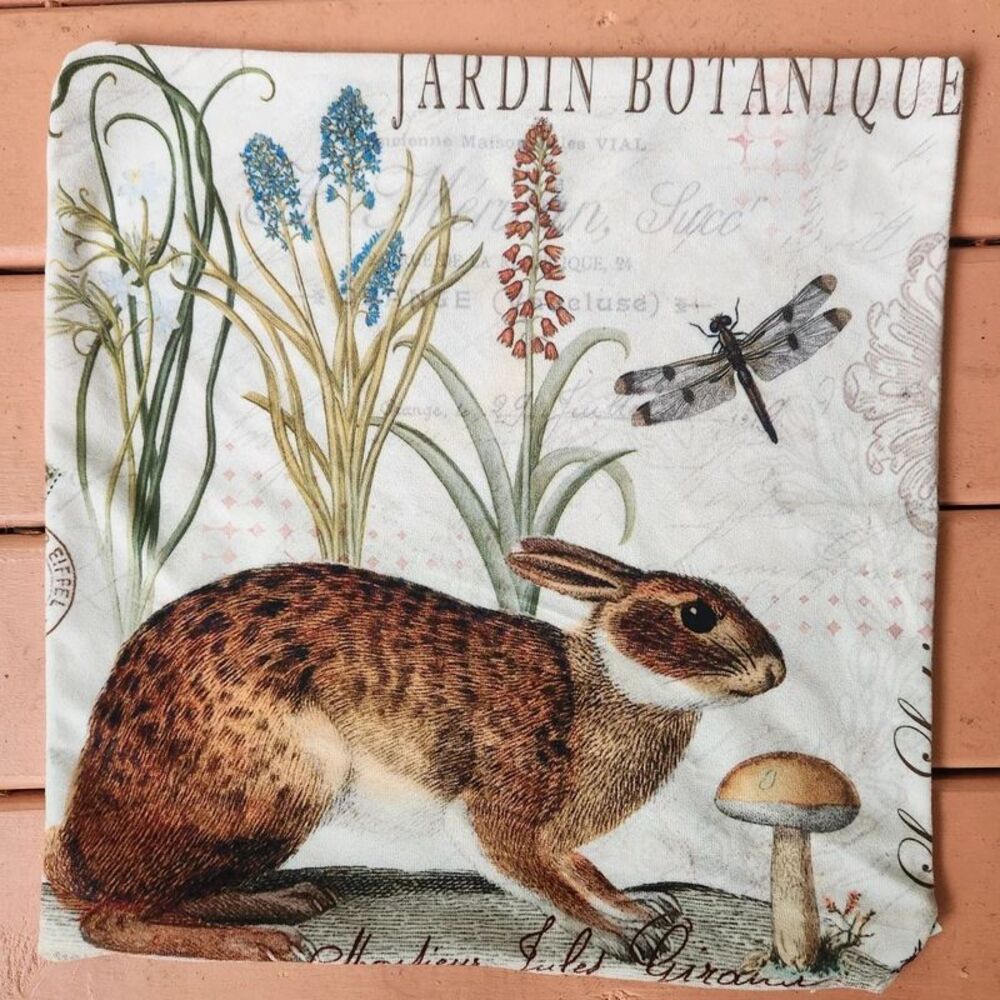French Pillow Cover,20x20 Bunny Rabbit Dragon Fly Jardin Botanique, Zip
